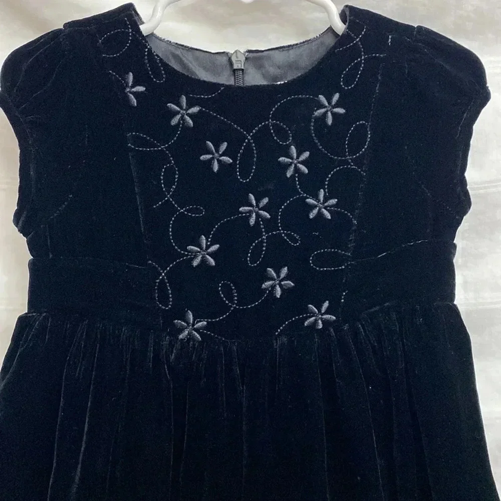 Vintage Gymboree Black Velvet Dress Silk Rayon Blend with Embroidered Flowers
